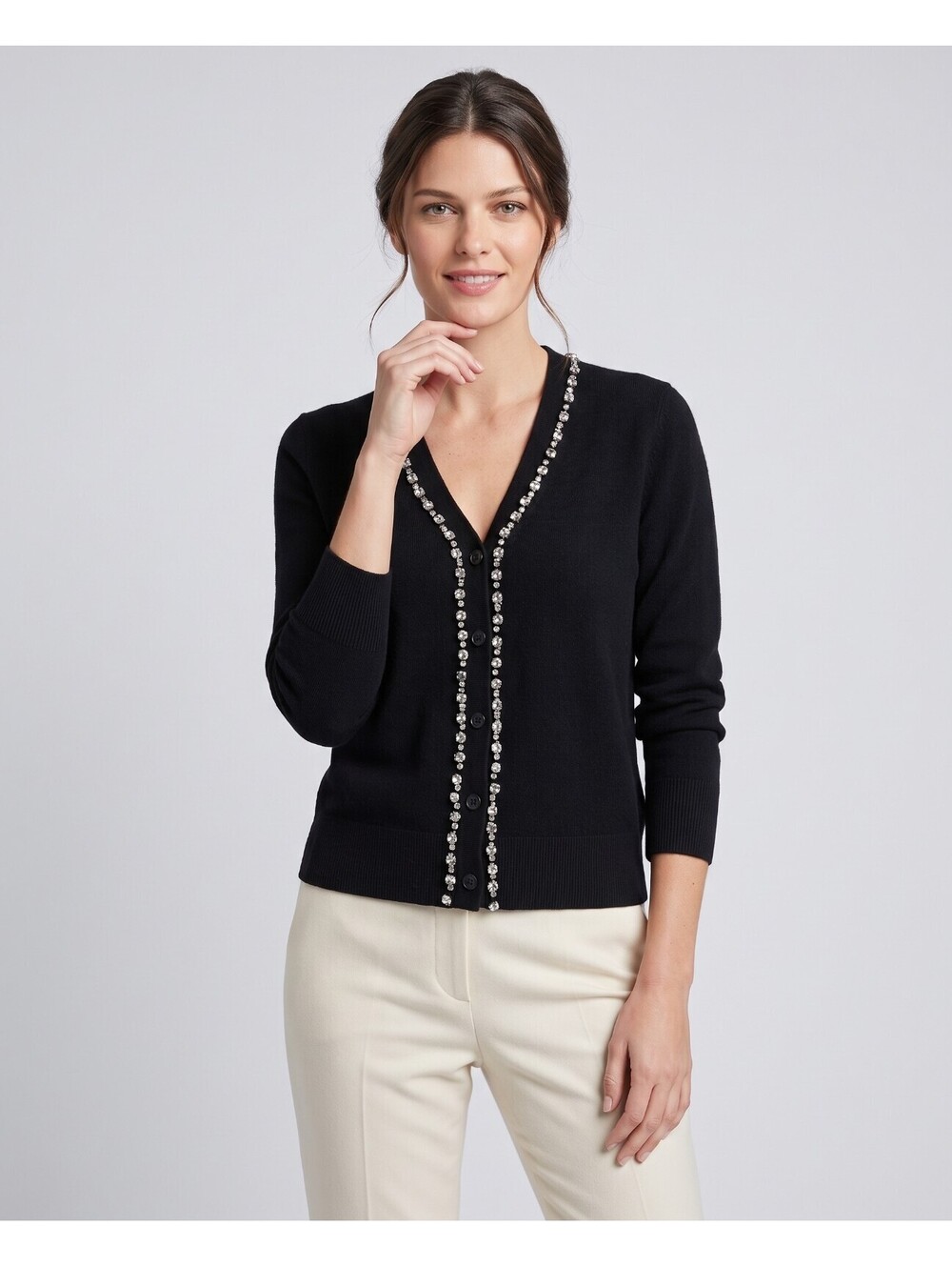 NWT Charter Club Luxury 100% Cashmere Rhinestone Trim Cardigan Decadence Black S